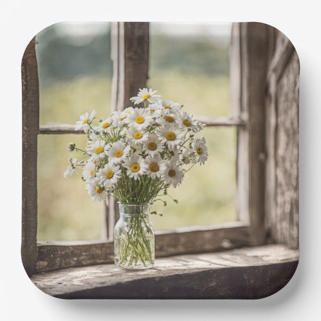 Country Daisy Bouquet In Window Paper Plate (Front)