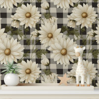 Country Daisy Flowers Grey White Plaid Pattern