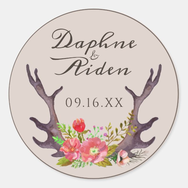 Country Deer Antlers Floral Wedding Name Date Classic Round Sticker (Front)
