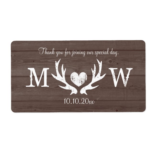 Country deer antlers wedding water bottle labels (Front)