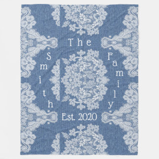 Country Denim and Lace Family Name Est Your Info Fleece Blanket