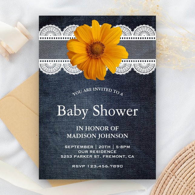 Country Denim Lace Sunflower Baby Shower Invitation (Creator Uploaded)