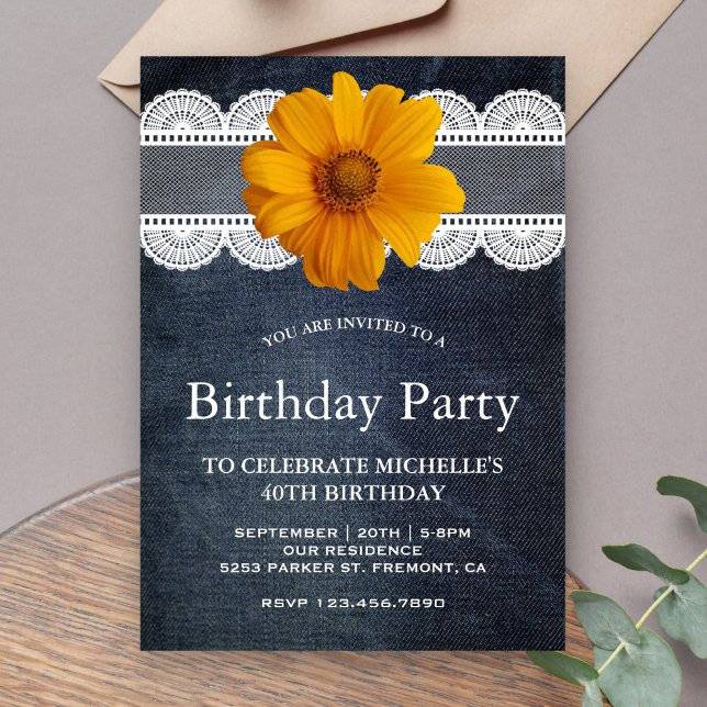 Country Denim Lace Sunflower Birthday Party Invitation (Creator Uploaded)