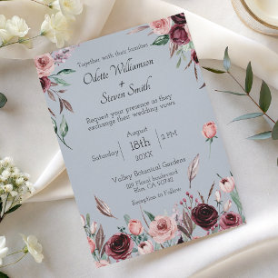 Country Dusty Blue and Burgundy Flowers Wedding Invitation