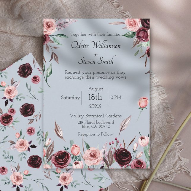 Country Dusty Blue and Burgundy Flowers Wedding Invitation (A rustic dusty blue wedding invitation with burgundy and blush pink watercolor flowers )