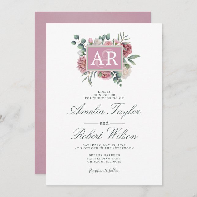 Country Dusty Rose Floral Initials Invitation (Front/Back)