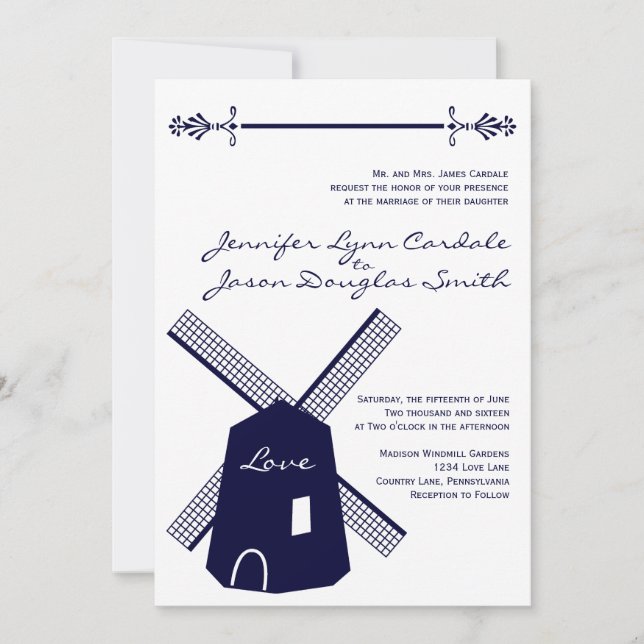 Country Dutch Windmill Navy Wedding Invitations (Front)