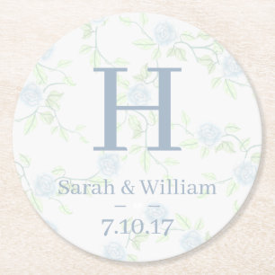 Country Elegant Blue Roses Wedding Round Paper Coaster
