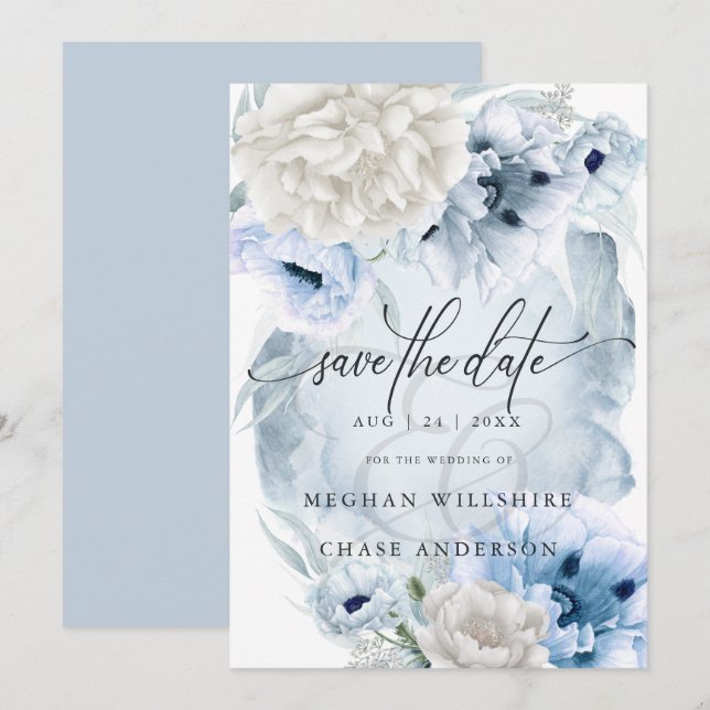 Country Elegant Floral Watercolor Blue Flowers Invitation (Front/Back)