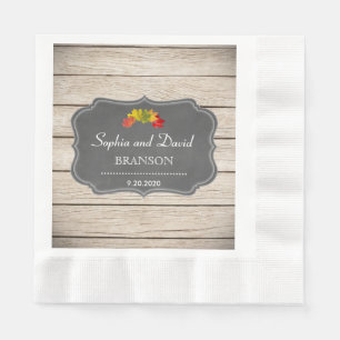 Country Fall Leaves Chalk Washed Wood Wedding Napkin