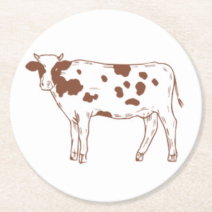 Country Farm Farmer Brown White Heifer Cute Cow Round Paper Coaster