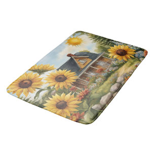 Country Farmhouse Dreamy Golden Sunflowers Bath Mat