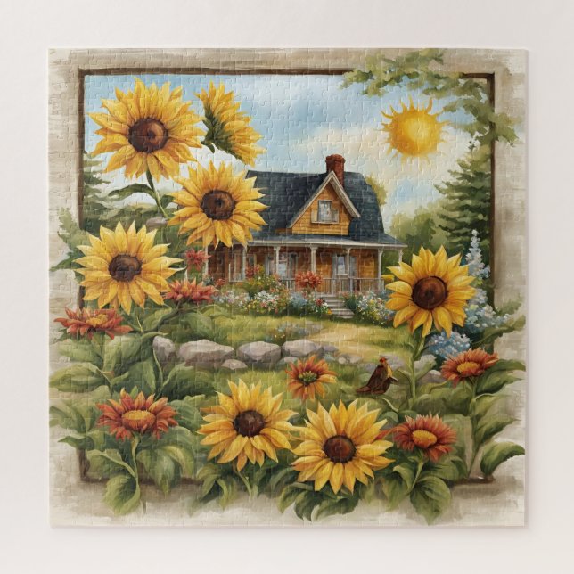 Country Farmhouse Dreamy Golden Sunflowers Jigsaw Puzzle (Vertical)