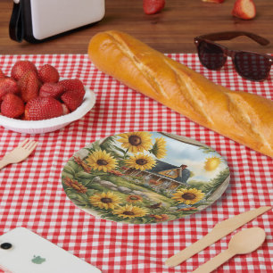 Country Farmhouse Dreamy Golden Sunflowers Paper Plate