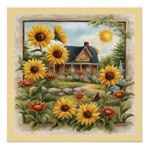 Country Farmhouse Dreamy Golden Sunflowers Poster