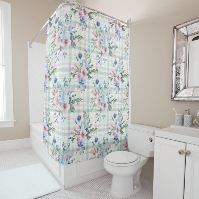 Country Farmhouse Pastel Floral Plaid Shower Curtain (In Situ)