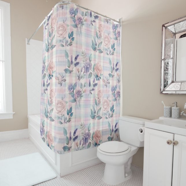 Country Farmhouse Pastel Floral Plaid Shower Curtain (In Situ)