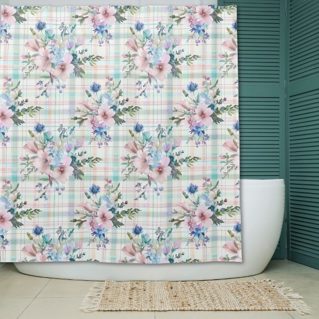 Country Farmhouse Pastel Floral Plaid Shower Curtain (Creator Uploaded)