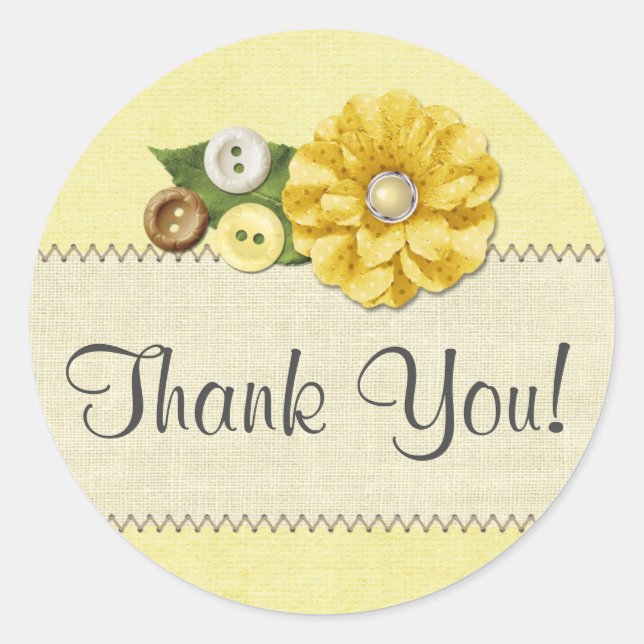 Country Farmhouse Yellow Sewing Buttons Thank You Classic Round Sticker (Front)