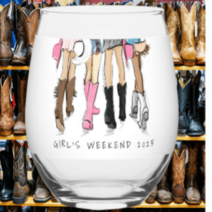 Country Fashion Cowboy Boots Girl’s Weekend Custom Stemless Wine Glass