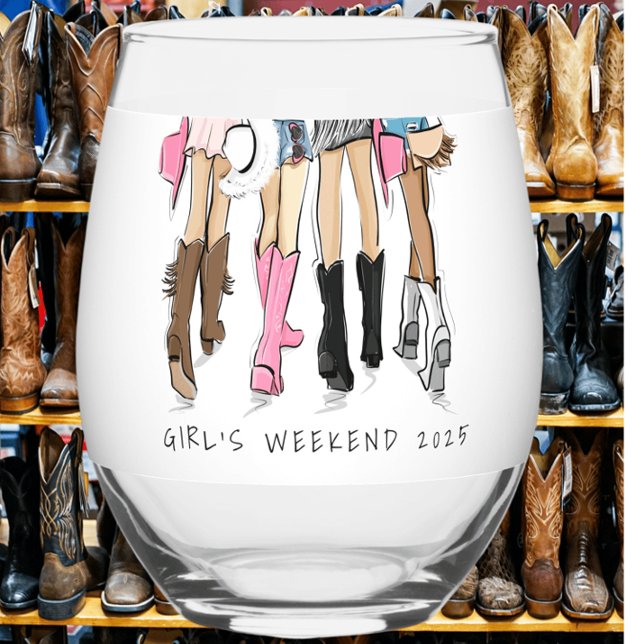 Country Fashion Cowboy Boots Girl’s Weekend Custom Stemless Wine Glass (Creator Uploaded)