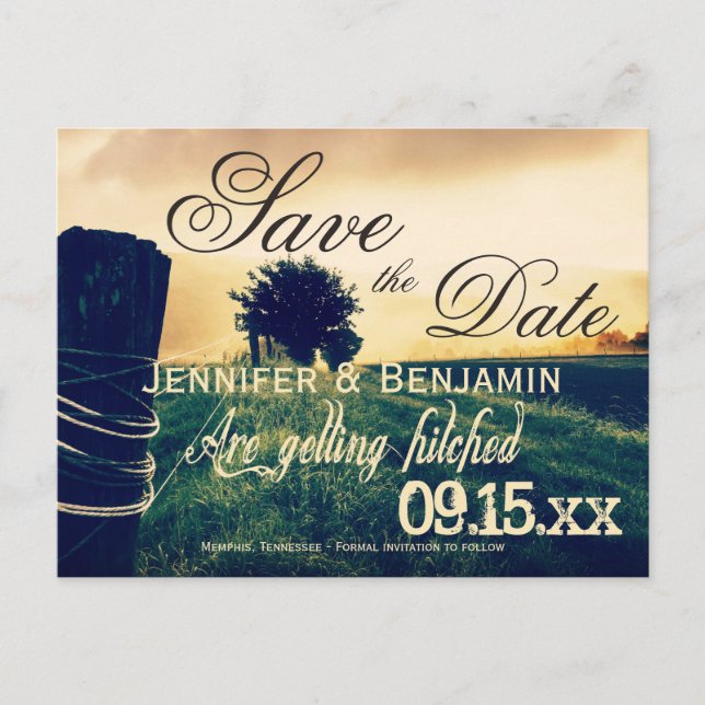 Country Field Fence Post Save the Date Postcards (Front)