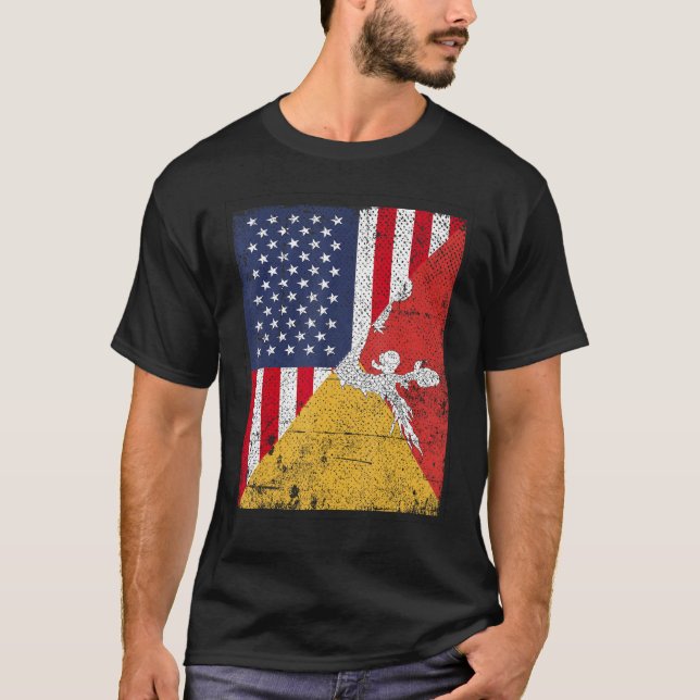 Country Flag Design  Half USA Half Bhutan T-Shirt (Front)