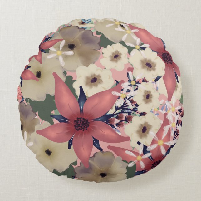 Country Floral | Coral Pink and Navy Blue Flowers Round Cushion (Front)