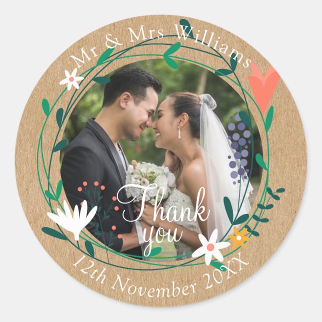 Country Floral Garland Wedding Photo Thank You Classic Round Sticker (Front)
