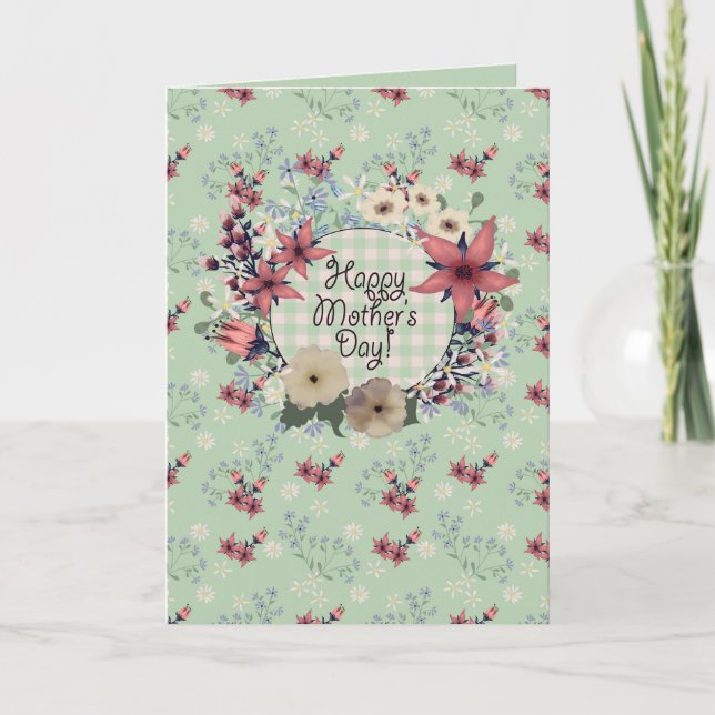 Country Floral Gingham Check Mint Green | Mother's Card (Front)