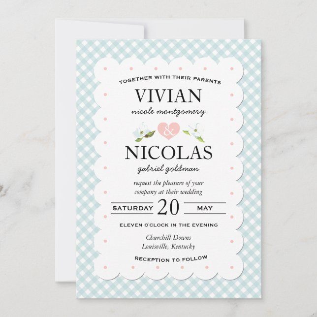Country Floral Gingham Pink Blue Wedding Invitation (Front)