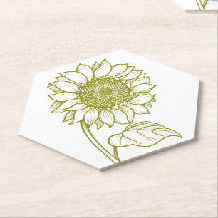 Country Floral Olive Green Fall Rustic Sunflower Paper Coaster