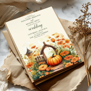 Country Floral Pumpkin Scrip Wedding Invitation
