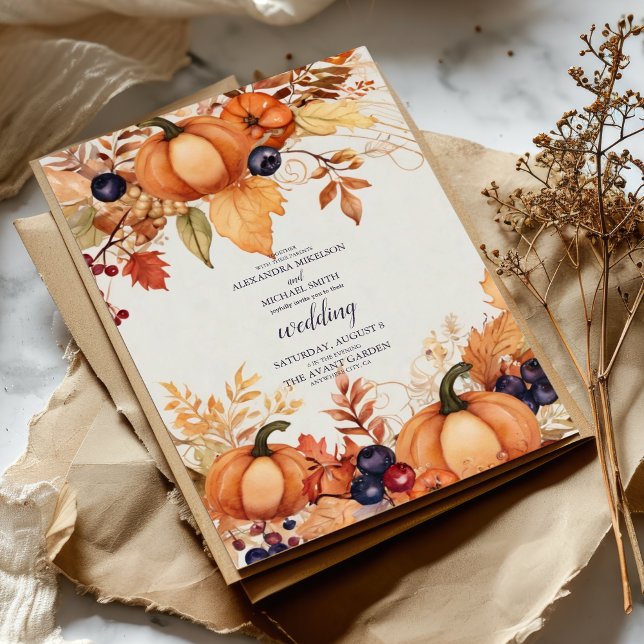 Country Floral Pumpkin Scrip Wedding Invitation (Creator Uploaded)