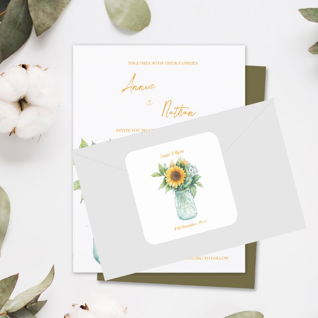  Country Floral Rustic Sunflower Mason Jar Wedding Square Sticker (Country Floral Rustic Sunflower Mason Jar Wedding Square Sticker)