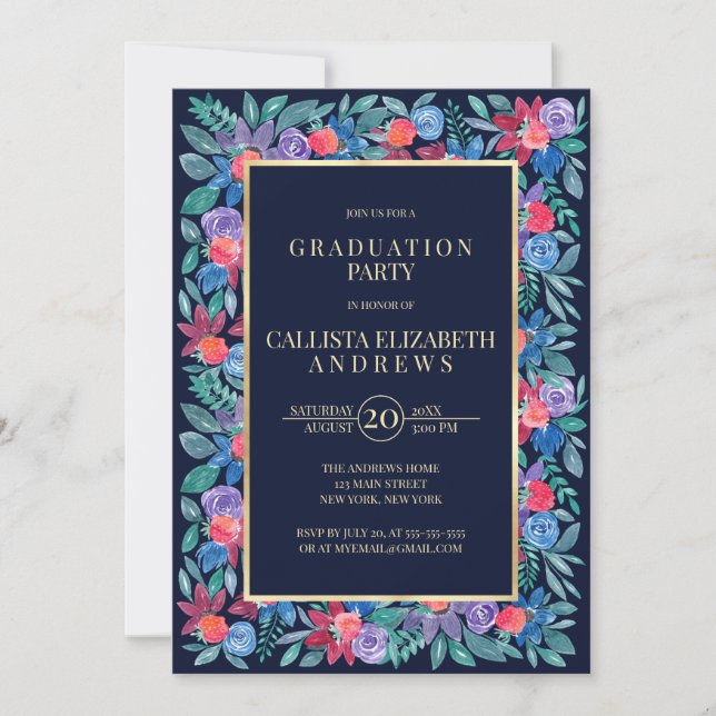Country Floral Strawberries Watercolor Graduation Invitation (Front)