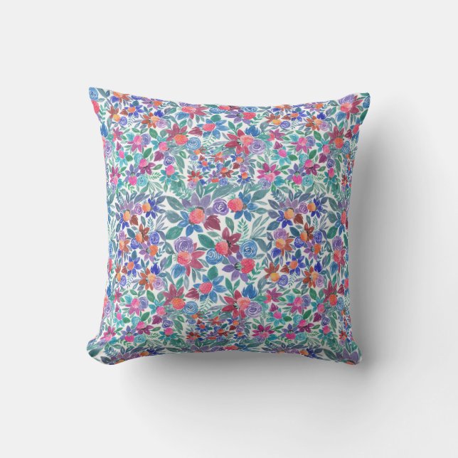 Country Floral Strawberries Watercolor Pattern Cushion (Front)