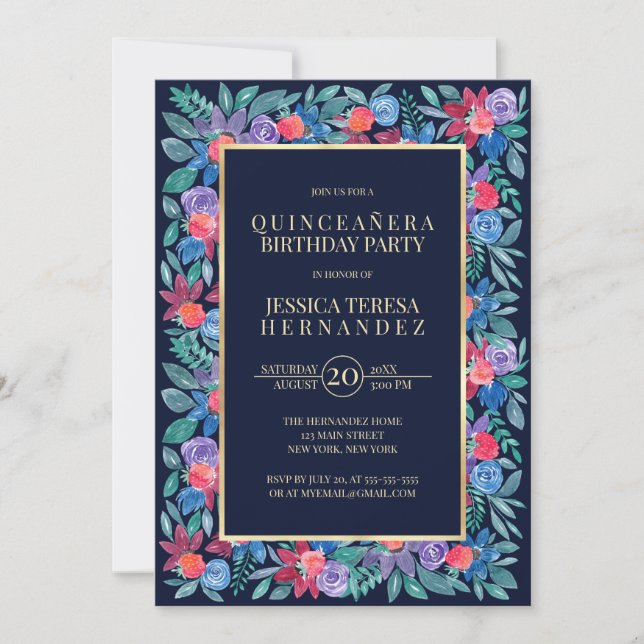 Country Floral Strawberries Watercolor Quinceañera Invitation (Front)