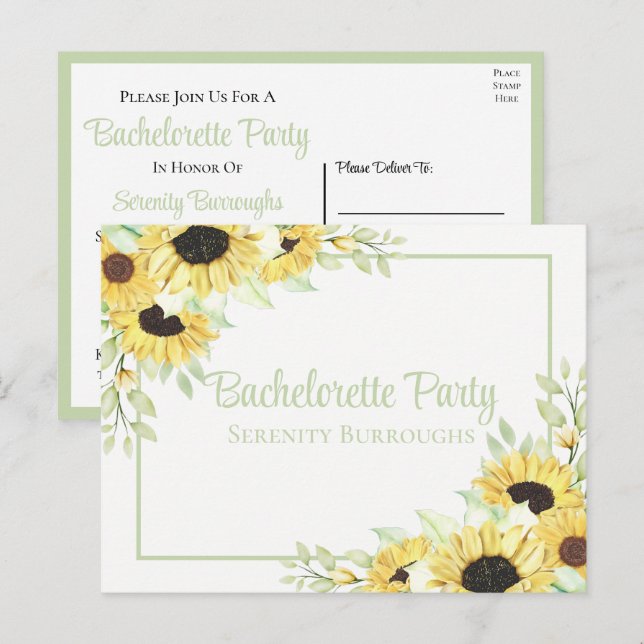 Country Floral Watercolor Sunflowers Bachelorette  Invitation Postcard (Front/Back)