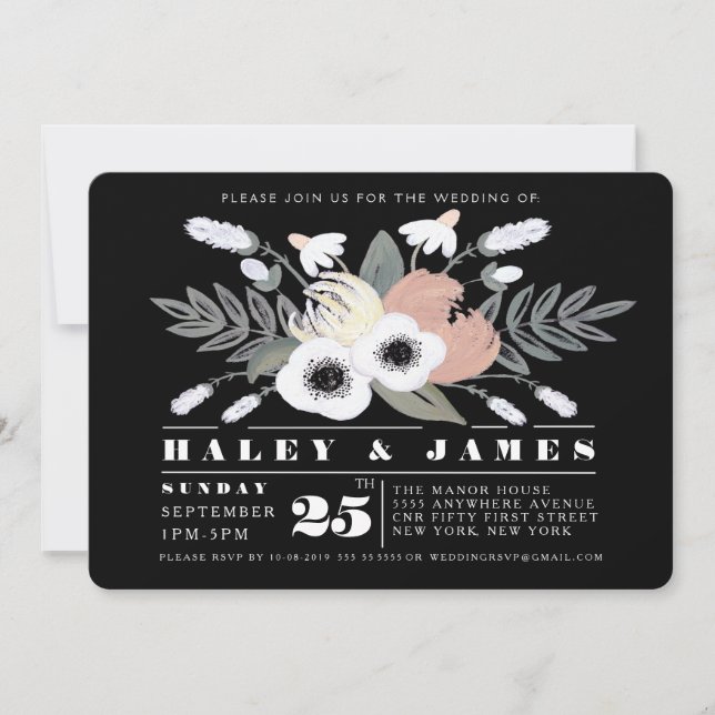 Country Florals Wedding Black & White Invitations (Front)
