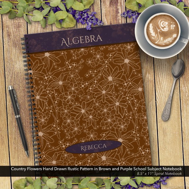 Country Flowers Brown Purple School Subject Name Notebook (Country Flowers Rustic Pattern in Brown and Purple School Notebook: Personalize Name & Class Subject)