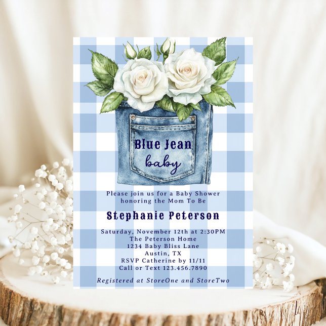Country Flowers Cute Gingham Blue Jean Baby Shower Invitation (Creator Uploaded)