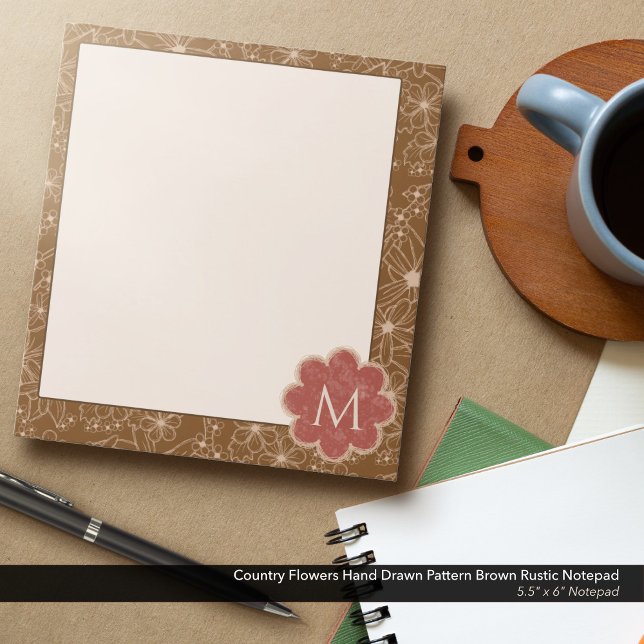 Country Flowers Hand Drawn Pattern Brown Rustic Notepad (Country Flowers Hand Drawn Rustic Pattern in Brown: 5.5"x6" Notepad with Brick Red Monogram)