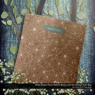 Country Flowers Hand Drawn Pattern Brown Rustic Tote Bag