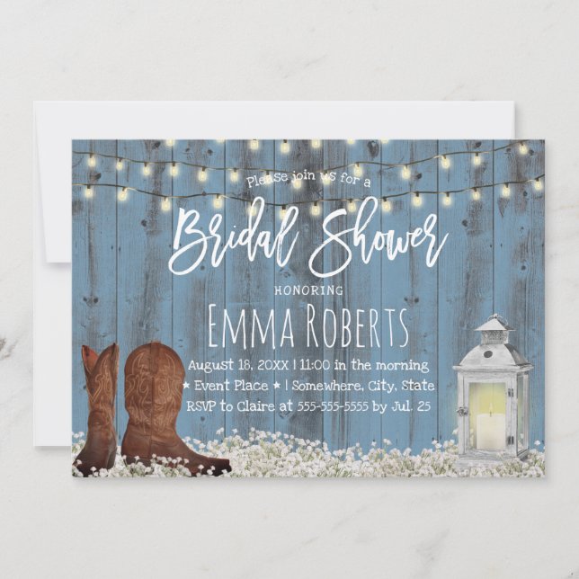 Country Flowers & Lantern Dusty Blue Bridal Shower Invitation (Front)