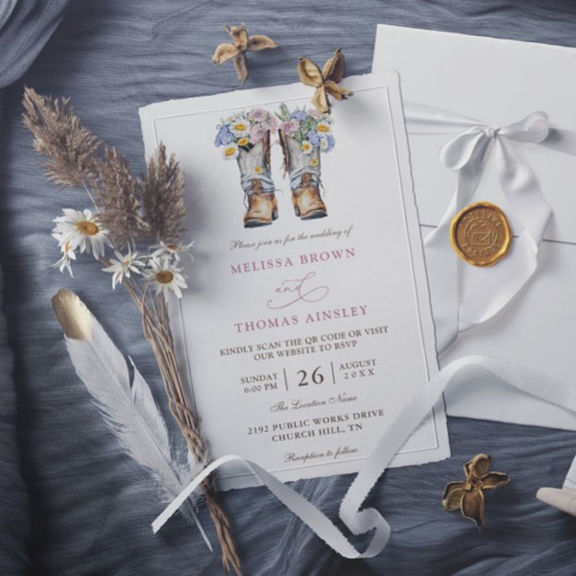 Country Flowers Rustic Chic Budget QR Code Wedding Invitation (Creator Uploaded)