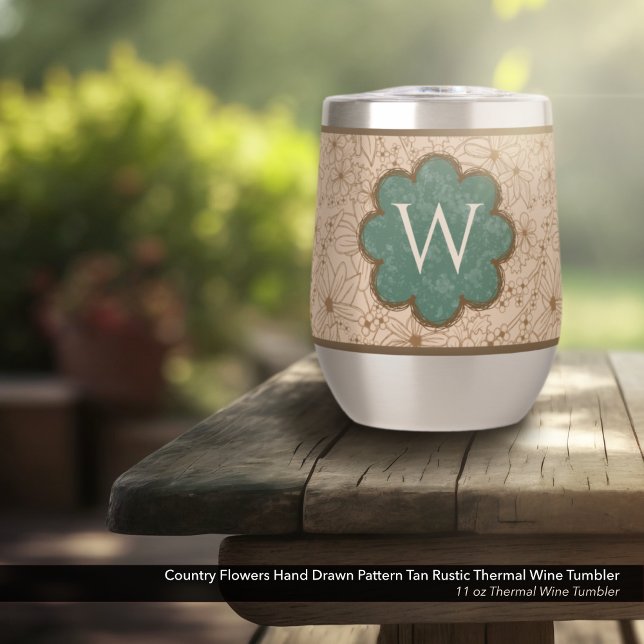 Country Flowers: Tan and Hunter Green Monogrammed (Country Flowers Wine Tumbler with Hand Drawn Rustic Floral Pattern & Distressed Green Monogram)