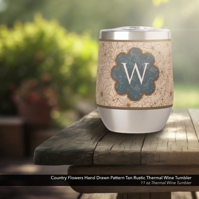 Country Flowers: Tan and Navy Blue Monogrammed (Country Flowers Wine Tumbler with Hand Drawn Rustic Floral Pattern & Distressed Navy Blue Monogram)