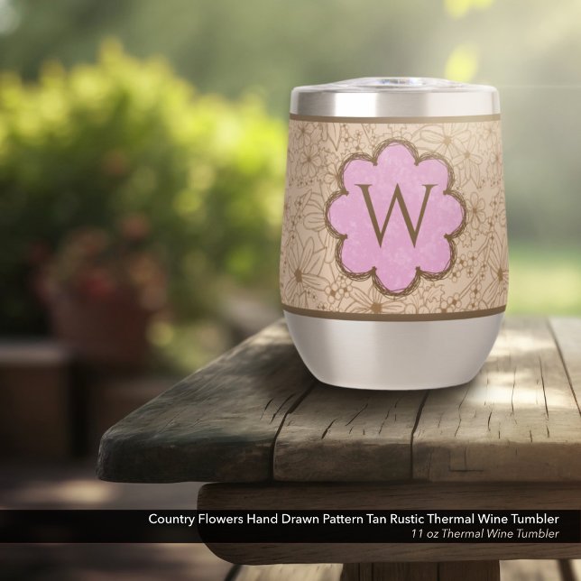 Country Flowers: Tan and Pink Monogrammed (Country Flowers Wine Tumbler with Hand Drawn Rustic Floral Pattern & Distressed Soft Pink Monogram)