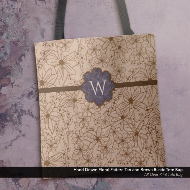 Country Flowers: Tan and Purple Monogrammed Tote Bag (Tote Bag: Rustic Hand Drawn Floral Pattern in Tan and Brown with Distressed Dark Purple Monogram.)
